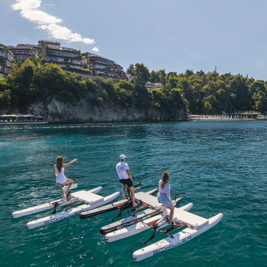 Three Schiller waterbikes in front of Dukley Beach in Budva